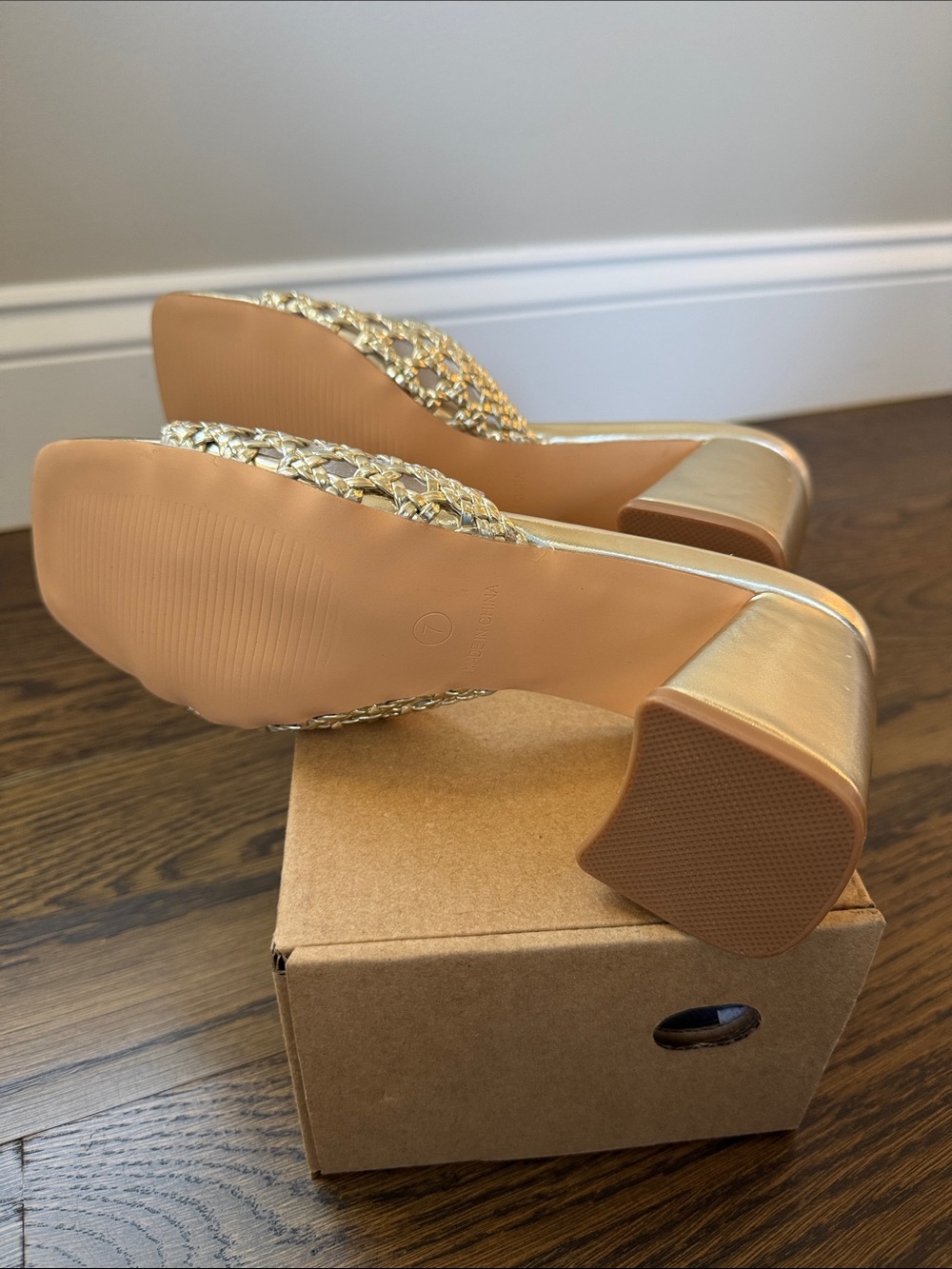 Metallic Gold Block Heel Sandals/Slides - Picture 3 of 4